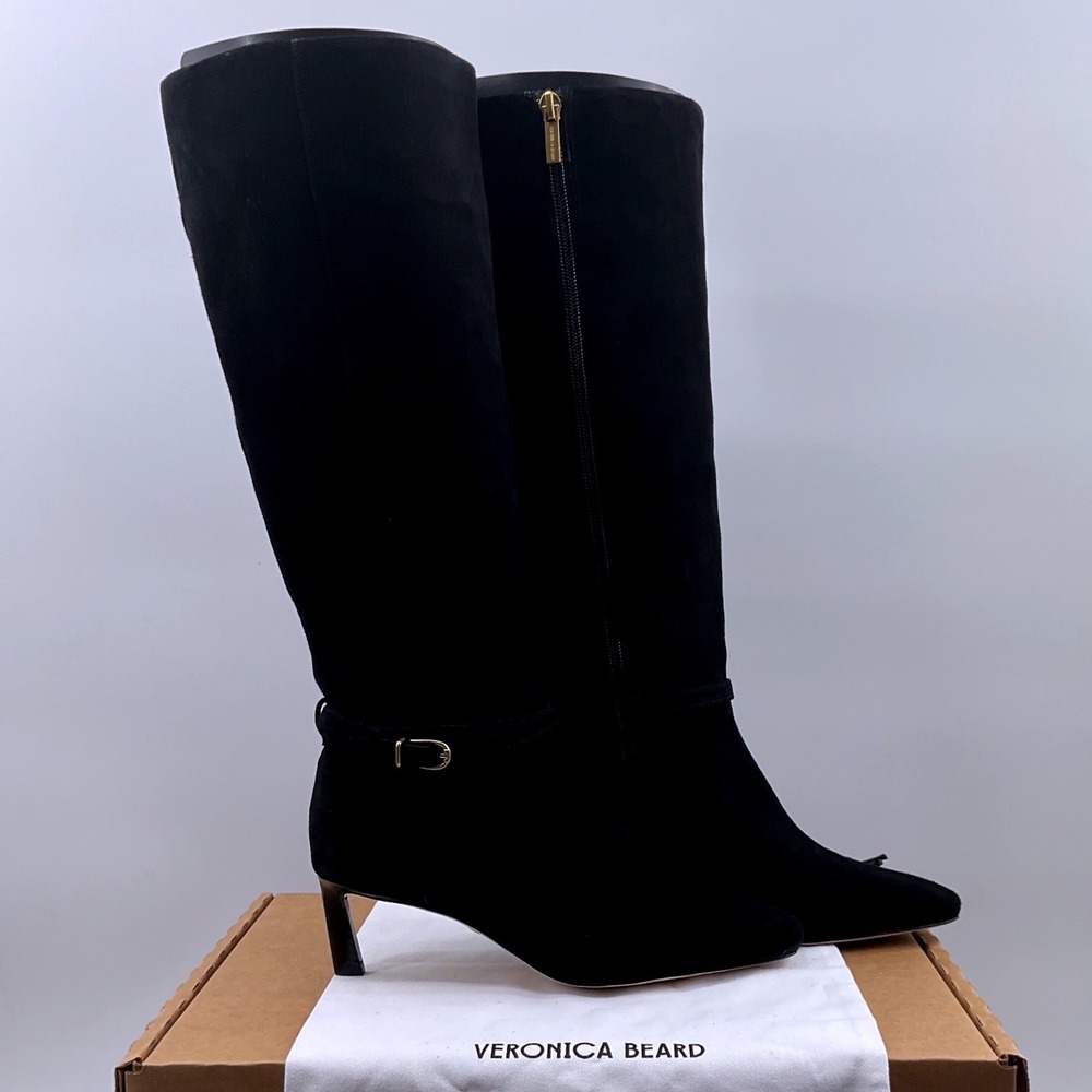 Veronica Beard Kailine Suede Knee High Boots Pointed Toe Kitten Heel Ankle Strap